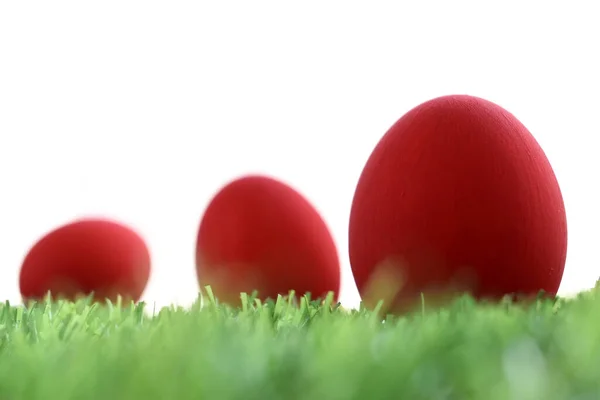 芝生の上の赤いイースターエッグ白い背景の人工芝 — ストック写真