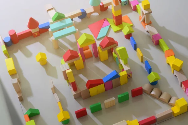 Construction Blocs Jouets Bois Ville Pour Activité Jeu Pour Enfants — Photo