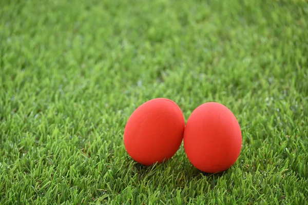 芝生の上の赤いイースターエッグ緑の芝生の人工的な朝の春のコンセプトのイメージ — ストック写真