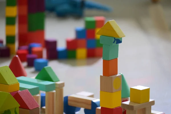 Holzspielzeug Bauklötze Stadt Für Die Aktivität Der Kinder Spielen Lernentwicklung — Stockfoto