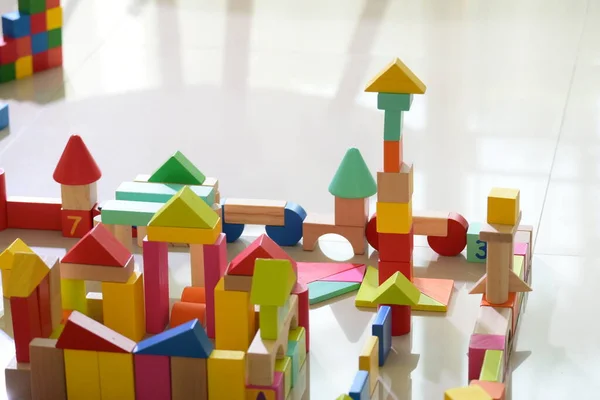 wooden toy block building town for activity of kid play learning development in home