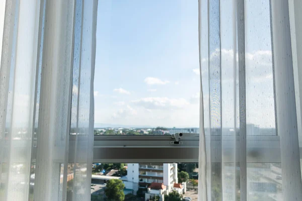 White Curtain Glass Window View City Room — Stock Photo, Image