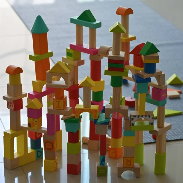 Colorful Wooden Block Geometric Toy Kid Playing Learn Creativity Stay — Stock Photo, Image