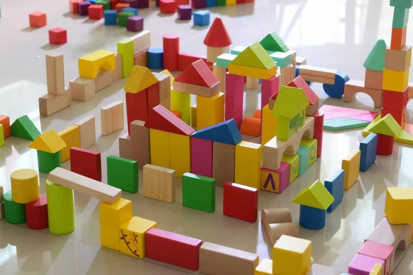 Wooden Toy Block Building Town Activity Kid Play Learning Development — Stock Photo, Image