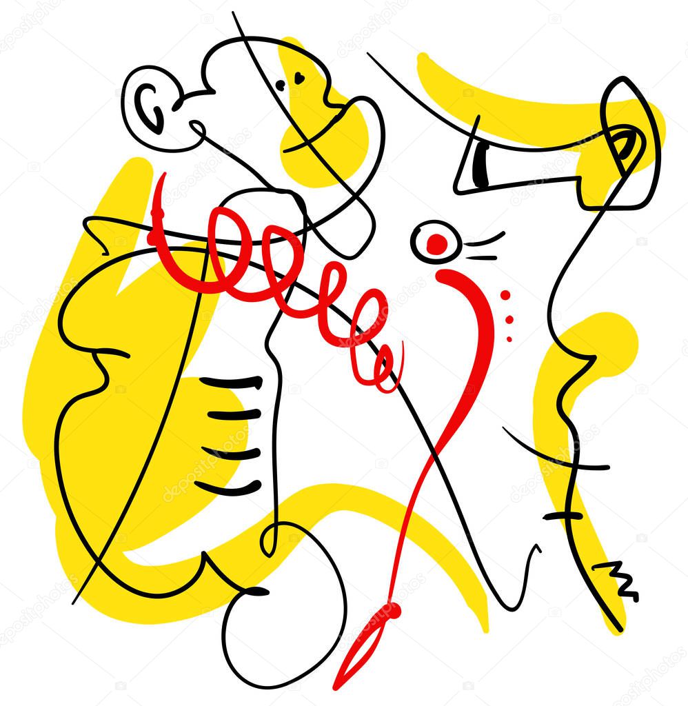 abstract one line contemporary composition, black, yellow and red, surreal minimalistic outline person with monkey and sea horse