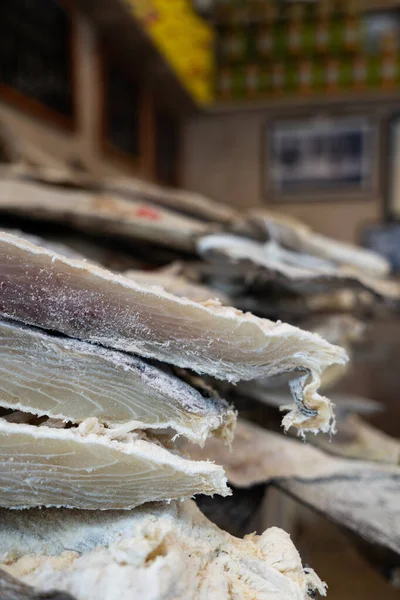 Salted and dried cod being sold at local grocery shop