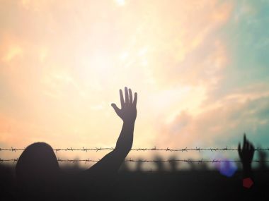 Uluslararası göçmen gün kavramı: el ve paslı dikenli tel sonbahar günbatımı arka plan üzerinde yükselterek siluet mülteci.