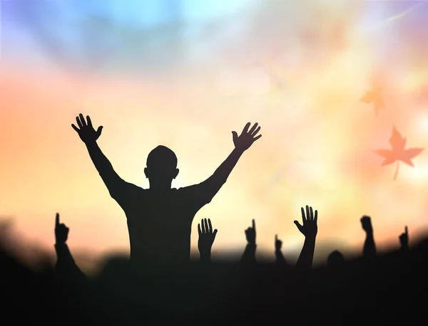 Happy Thanksgiving Day Concept Human Raised Hands Autumn Sunset Background — Stock Photo, Image