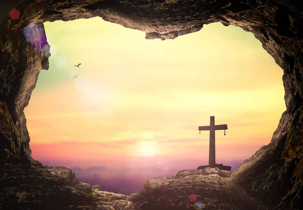 Good Friday concept: Empty tomb with cross symbol for Jesus Christ is risen