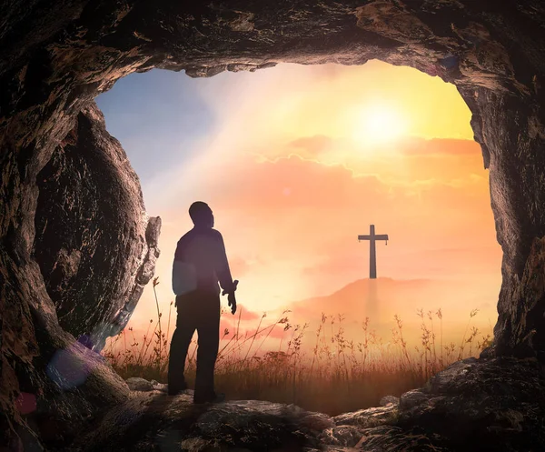 Resurrection Jesus Christ Concept Tomb Stone Empty Cross Sunrise Background — Stock Photo, Image