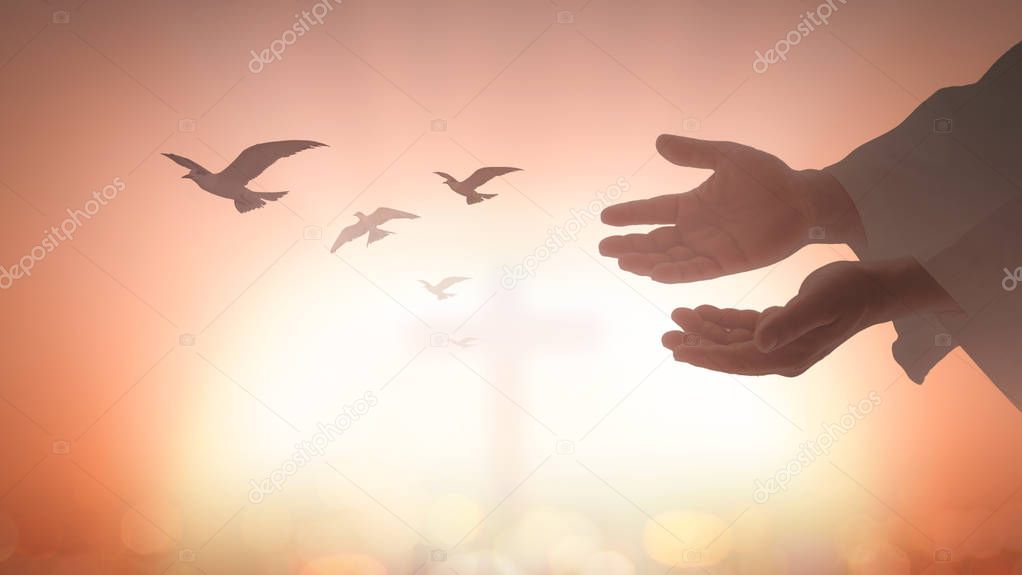 Easter Sunday concept: Silhouette human open two empty hands with palms up and birds flying over blurred cross in church background