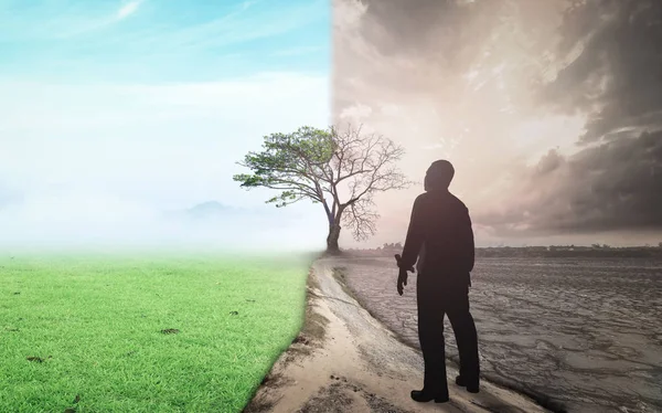 Concepto Del Día Tierra Hombre Negocios Parado Entre Clima Empeorado — Foto de Stock