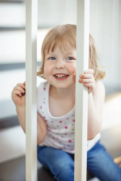 Little Kid Smiling While Seating Stears — Stock Photo, Image