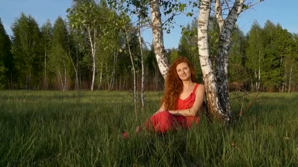 Одинокая женщина, сидящая рядом с деревьями — стоковое видео