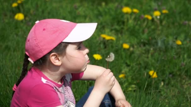 Dandelions üzerinde üfleme kız — Stok video