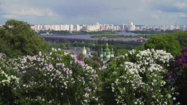 Bir çiçek leylak ağaçları ile Kiev şehir panoraması