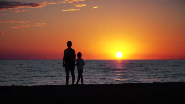 Silhuetas de mãe e criança e pôr do sol sobre o mar — Vídeo de Stock