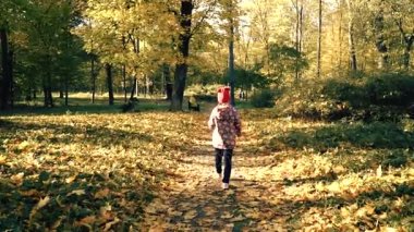 Yürüyüş boyunca sonbahar yolu Slowmotion çocuktur