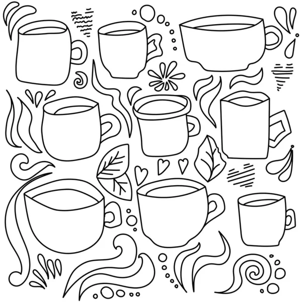 Illustration Vectorielle Doodle Ensemble Tasses Éléments Mignons Boucles Coeurs Pour — Image vectorielle