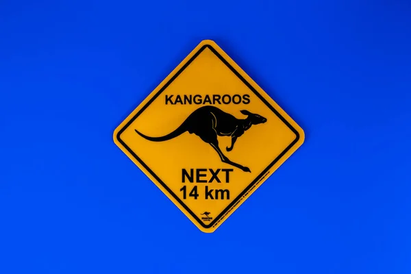 Yellow Warning Sign Kangaroo Australia Blue Background — Stock Photo, Image