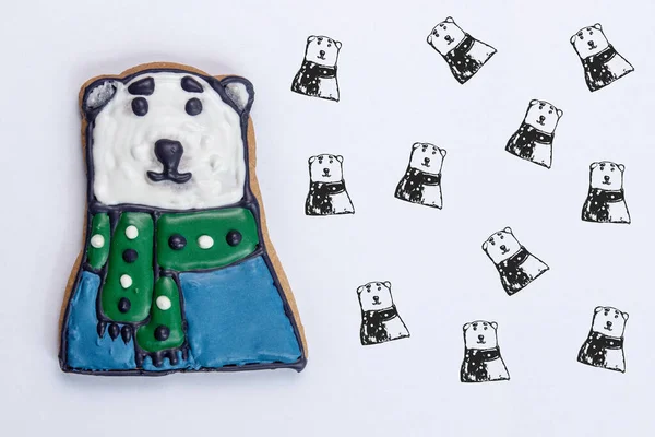 Pão Gengibre Para Natal Urso Polar Ano Novo Com Lenço — Fotografia de Stock
