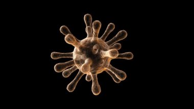 3D canlandırma, koronavirüs hücreleri covid-19 alfa kanallı. Küresel ölümcül virüs enfeksiyonu. Karanlık arka planda parlayan dönen bir virüs. Corona salgını krizi.