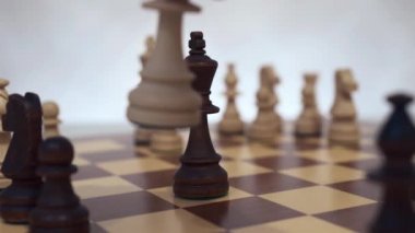 Şah mat. Beyaz vezir siyah papazı yener. Klasik ahşap parçalı satranç tahtası. Oyunun sonu..