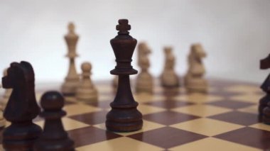 Şah mat. Beyaz vezir siyah papazı yener. Klasik ahşap parçalı satranç tahtası. Oyunun sonu..