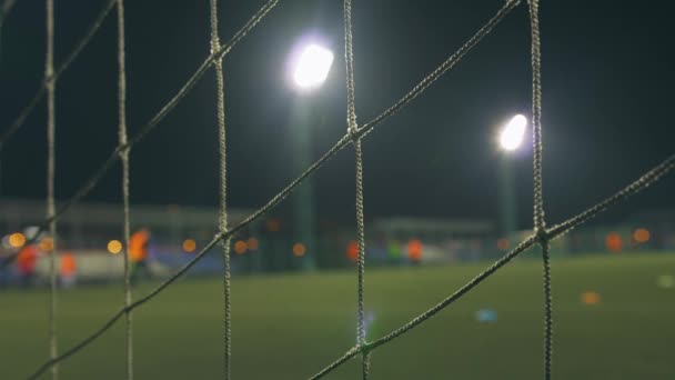 Вечерний Футбольный Матч Футболисты Играют Тренировочном Поле Освещенном Огнями Стадиона — стоковое видео