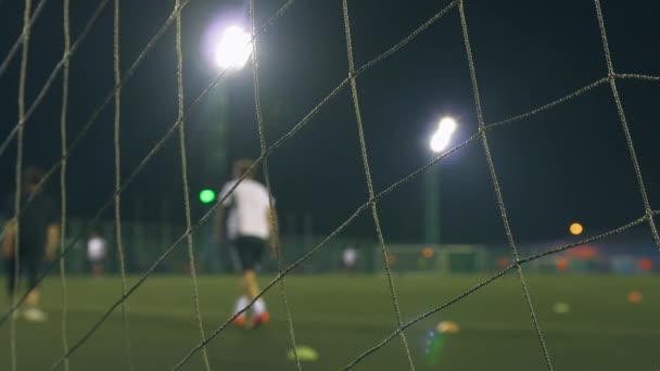 Avond Voetbalwedstrijd Voetbalspelers Spelen Het Trainingsveld Verlicht Door Stadionlichten Zicht — Stockvideo