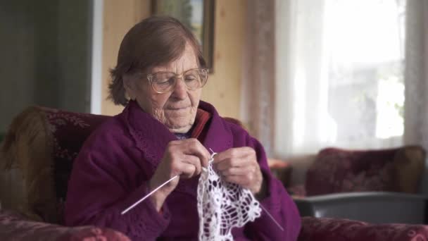 Happy Elderly Woman Glasses Sits Armchair Home Knits Clothes — Stock Video