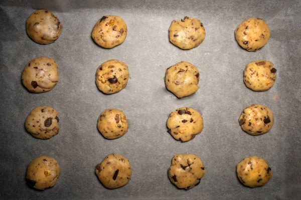 Biscoitos Não Cozidos Prontos Para Assar Bandeja Forno — Fotografia de Stock