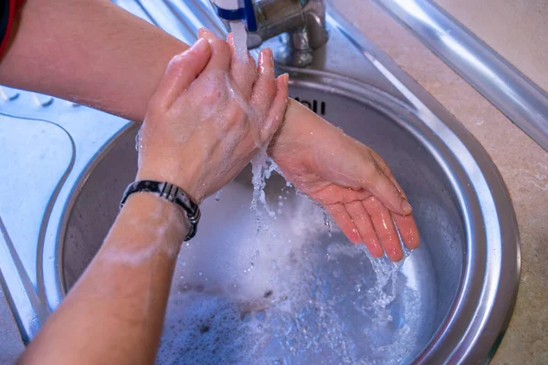 Lavarse Bien Las Manos Los Brazos Frotar Con Agua Jabón —  Fotos de Stock