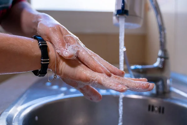 Lavar Mãos Corretamente Com Sabão Conceito Higiene Esfregando Para Trás — Fotografia de Stock