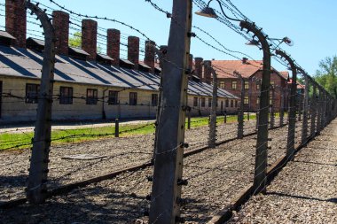 Oswiecim, Polonya - 20 Mayıs 2012: Auschwitz-Birkenau toplama kampında elektrikli dikenli tel örgüler. Mavi gökyüzüyle güneşli bir gün.