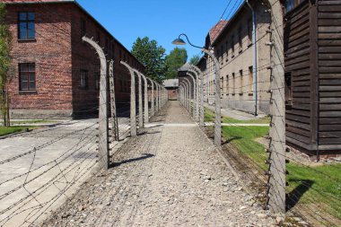 Oswiecim, Polonya - 20 Mayıs 2012: Toplama kampı Auschwitz-Birkenau 'da elektrikli dikenli teller arasındaki görüntüleme.