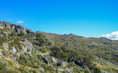 Güneşli bir gün ve karlı dağlarda Kosciusko Dağı 'nın vadilerinde güzel bir manzara Thredbo, perisher mavisi, Yeni Güney Galler, Avustralya