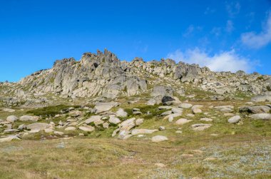 Güneşli bir gün ve karlı dağlarda Kosciusko Dağı 'nın vadilerinde güzel bir manzara Thredbo, perisher mavisi, Yeni Güney Galler, Avustralya