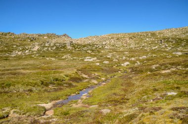 Güneşli bir gün ve karlı dağlarda Kosciusko Dağı 'nın vadilerinde güzel bir manzara Thredbo, perisher mavisi, Yeni Güney Galler, Avustralya