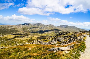 Güneşli bir gün ve karlı dağlardaki Kosciusko Dağı vadilerinde güzel bir manzara Thredbo, perisher mavisi, Yeni Güney Galler, Avustralya
