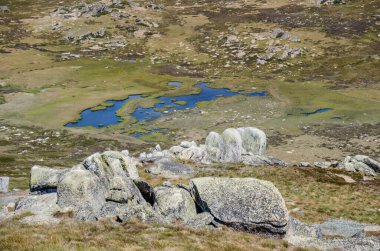 Güneşli bir gün ve karlı dağlardaki Kosciusko Dağı vadilerinde güzel bir manzara Thredbo, perisher mavisi, Yeni Güney Galler, Avustralya