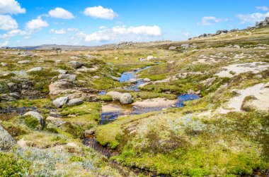 Güneşli bir gün ve karlı dağlardaki Kosciusko Dağı vadilerinde güzel bir manzara Thredbo, perisher mavisi, Yeni Güney Galler, Avustralya