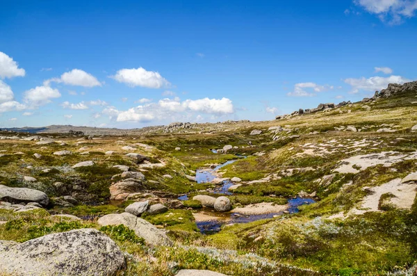 Solig Dag Och Vacker Utsikt Dalarna Mount Kosciusko Snöiga Berg — Stockfoto