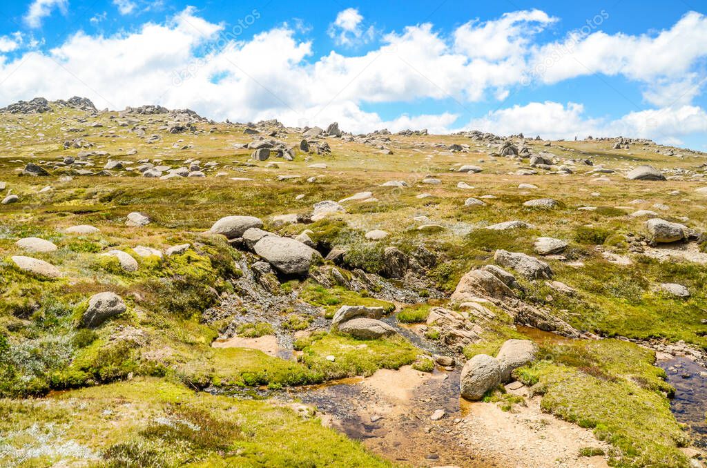 Sunny day and a beautiful view in the valleys of Mount Kosciusko in snowy mountains Thredbo, perisher blue, New South Wales, Australia
