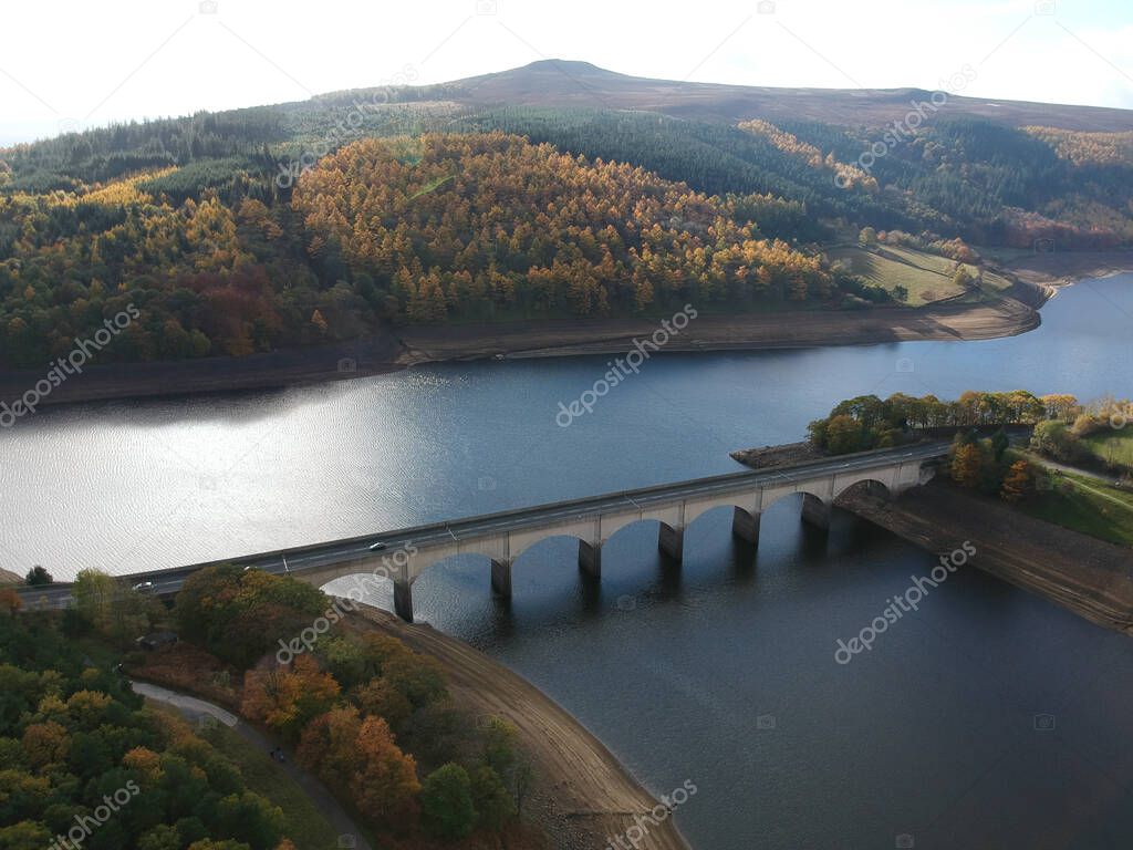 Aerial view of the Ashopton viaduct and the Ladybower reservoir in Derbyshire, UK