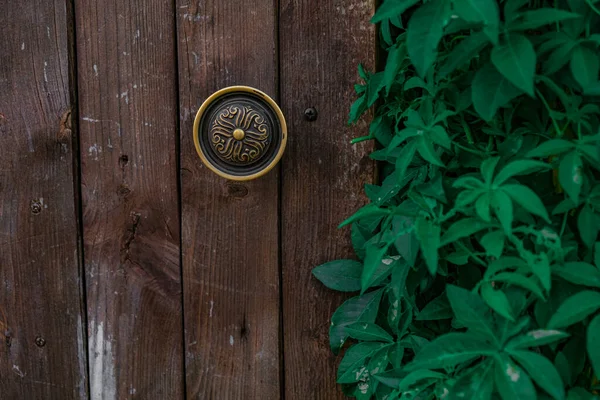 Wooden brown door with a vintage door handle