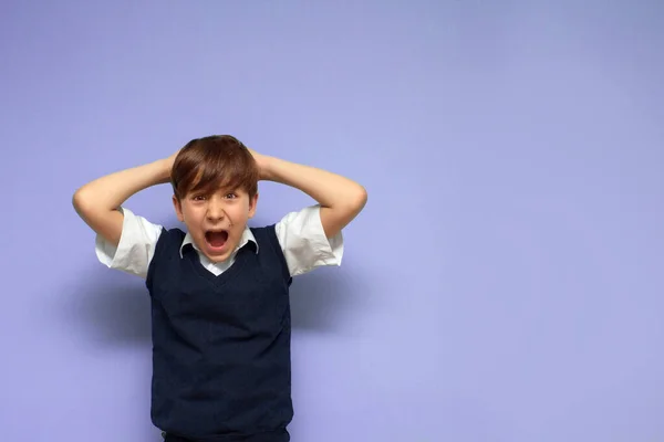 Çocuk elleriyle başını tutuyor ve bağırıyor. Yorgunluk Konsepti Öğreniliyor.