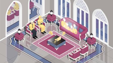 Büyükbaba ve büyükannenin Isometric vektör çizimi, silaturahmi videosu... Kurban Bayramı 'nda oğullarını, gelinlerini ve torunlarını arayın. Covid-19 sorunlarından dolayı sosyal mesafeyi belirlemek