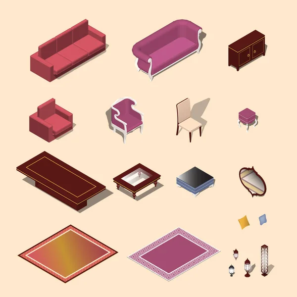 Colección Muchos Muebles Vector Consta Sofá Silla Credenza Mesa Espejo — Vector de stock