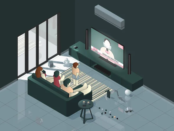 Vektor Illustration Einer Familie Die Wohnzimmer Coronavirus Nachrichten Fernsehen Verfolgt — Stockvektor